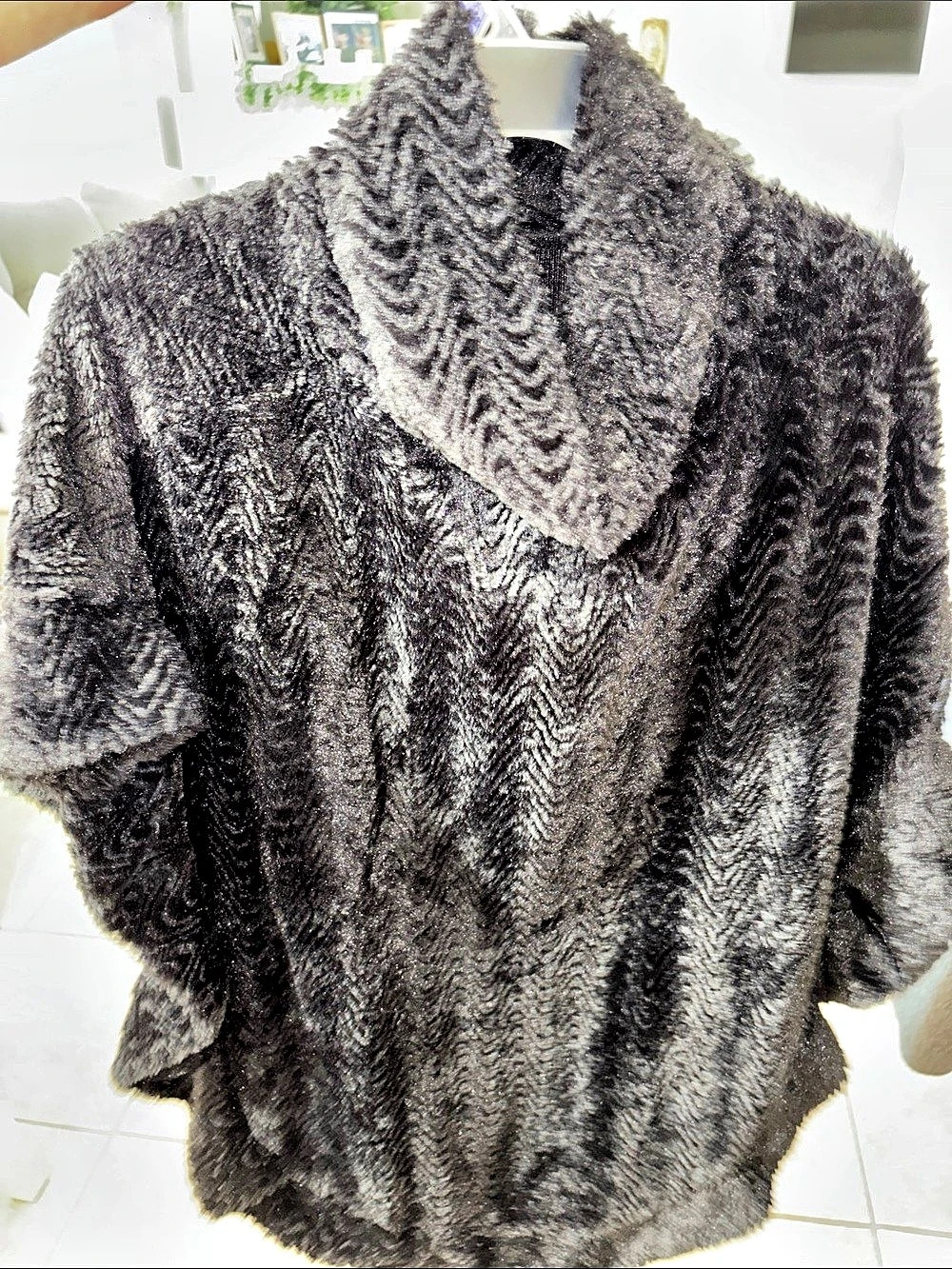 Furious Fur Faux Fur Chevron Poncho Black Like New